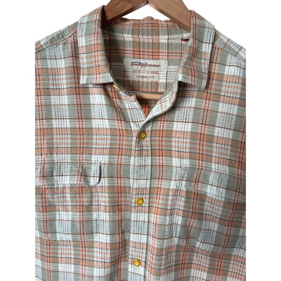Tommy Bahama Shirt Mens Plaid 100% Silk Size XL Peach Gray Original Fit - Picture 2 of 9